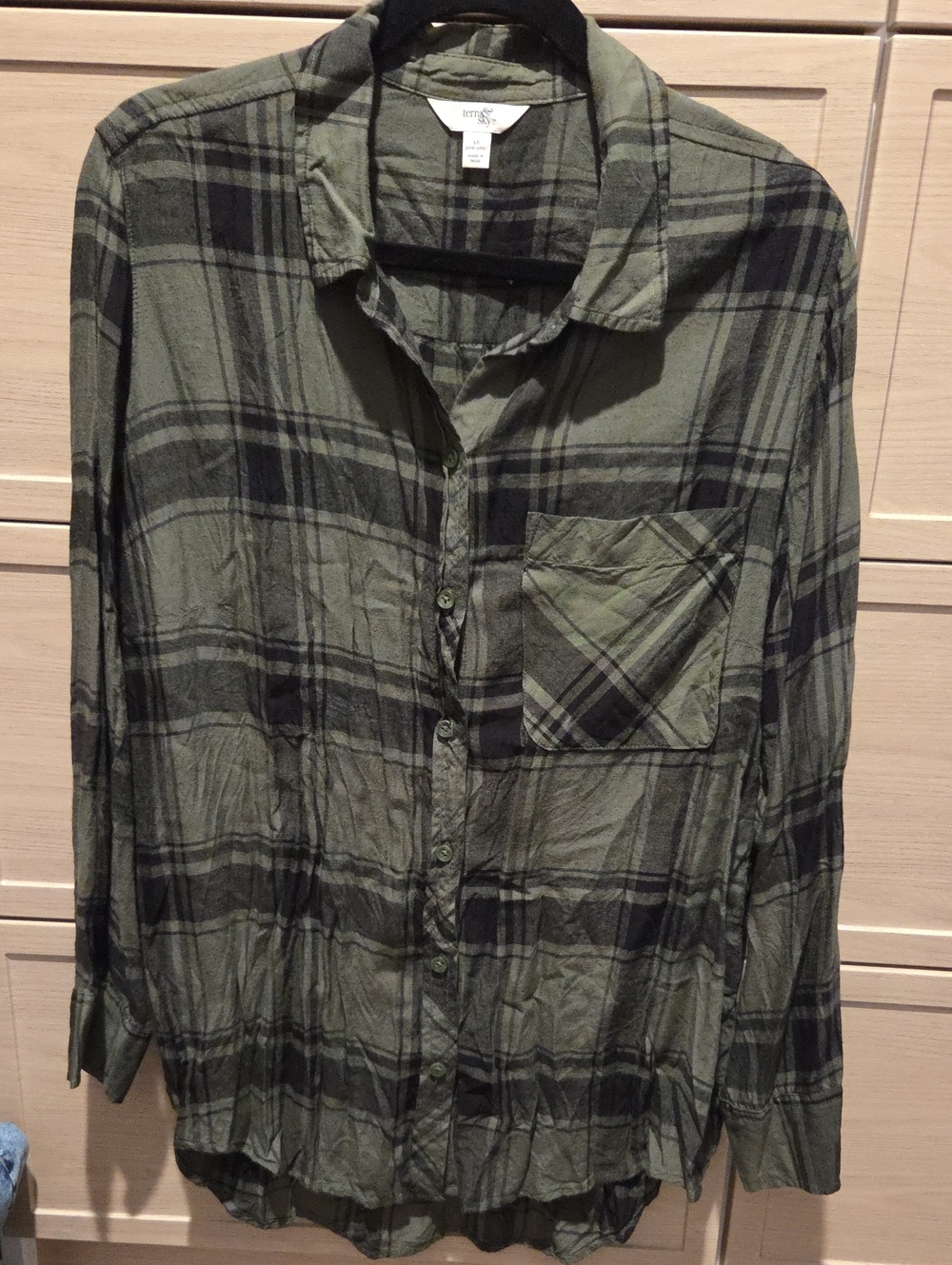 Terra & Sky Olive and Black Plaid Button-Front Shirt